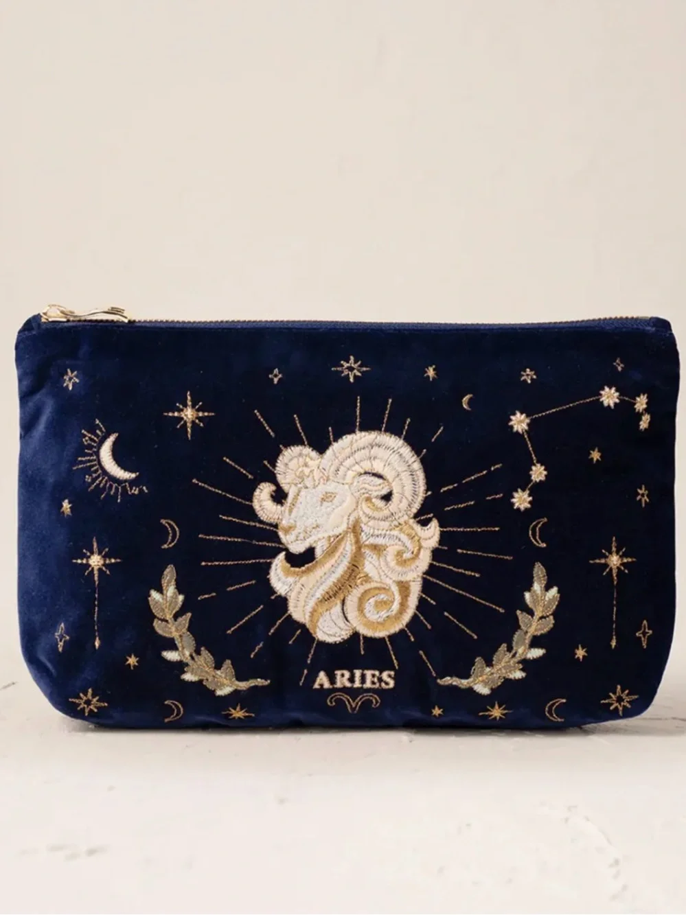 Aries Embroidered Velvet Cosmetic Pouch - Navy and Gold NWOT